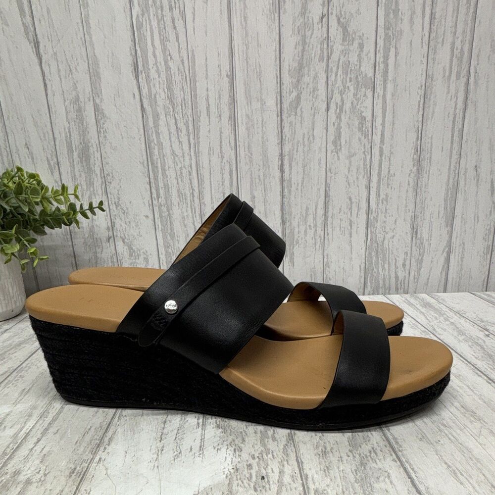 Womens Size 11 UGG Black Leather Wedge Slide Sandals Slip On Open Toe